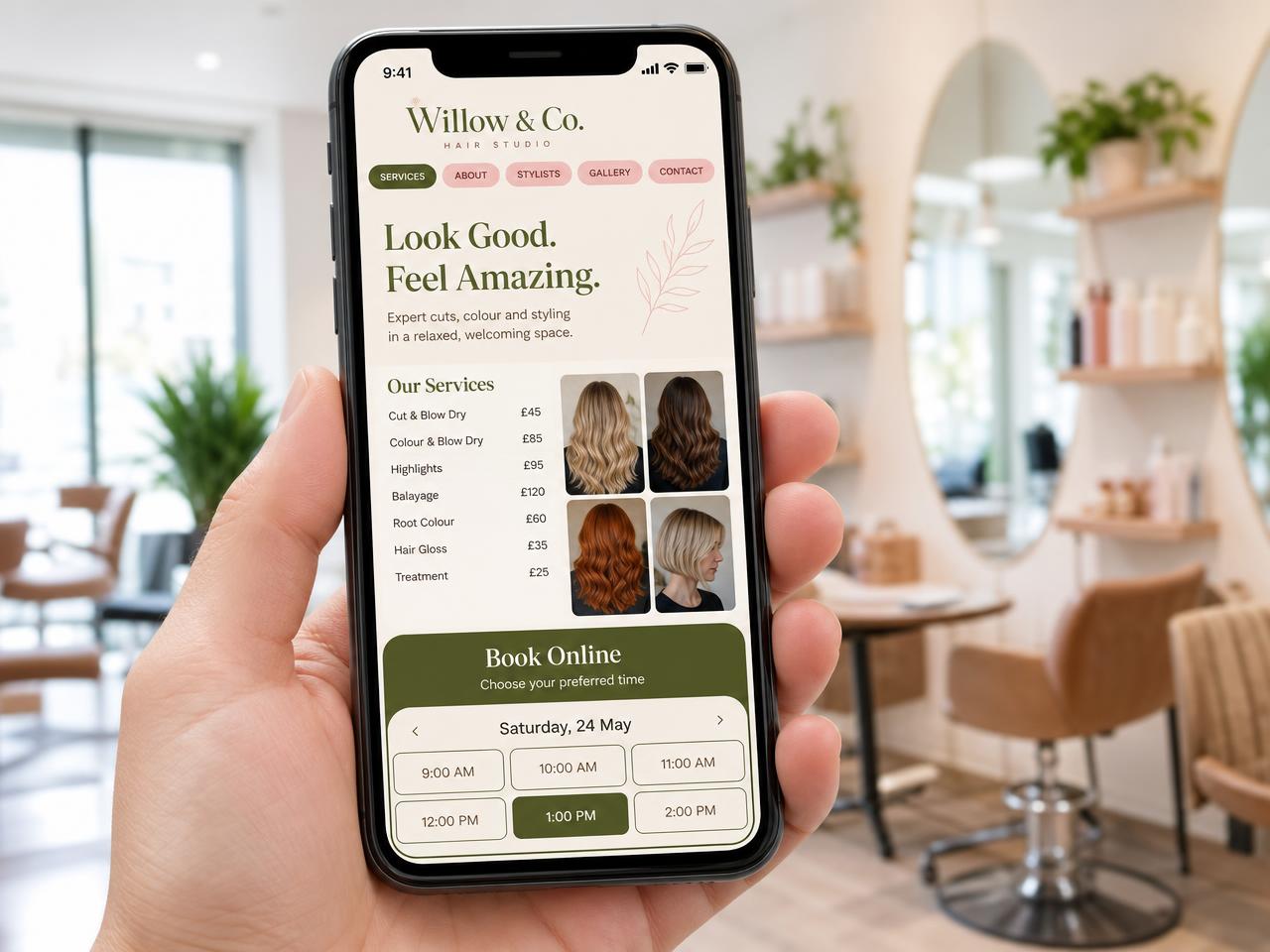 Salon website displayed on a phone showing a treatment menu and online appointment booking