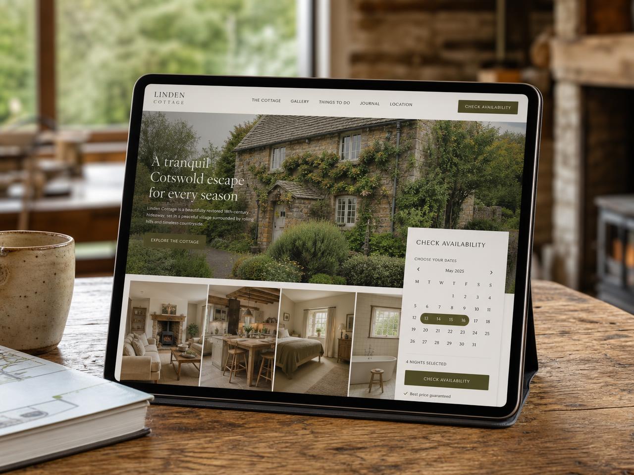 Holiday let website on a tablet showing photography of the property and an availability calendar